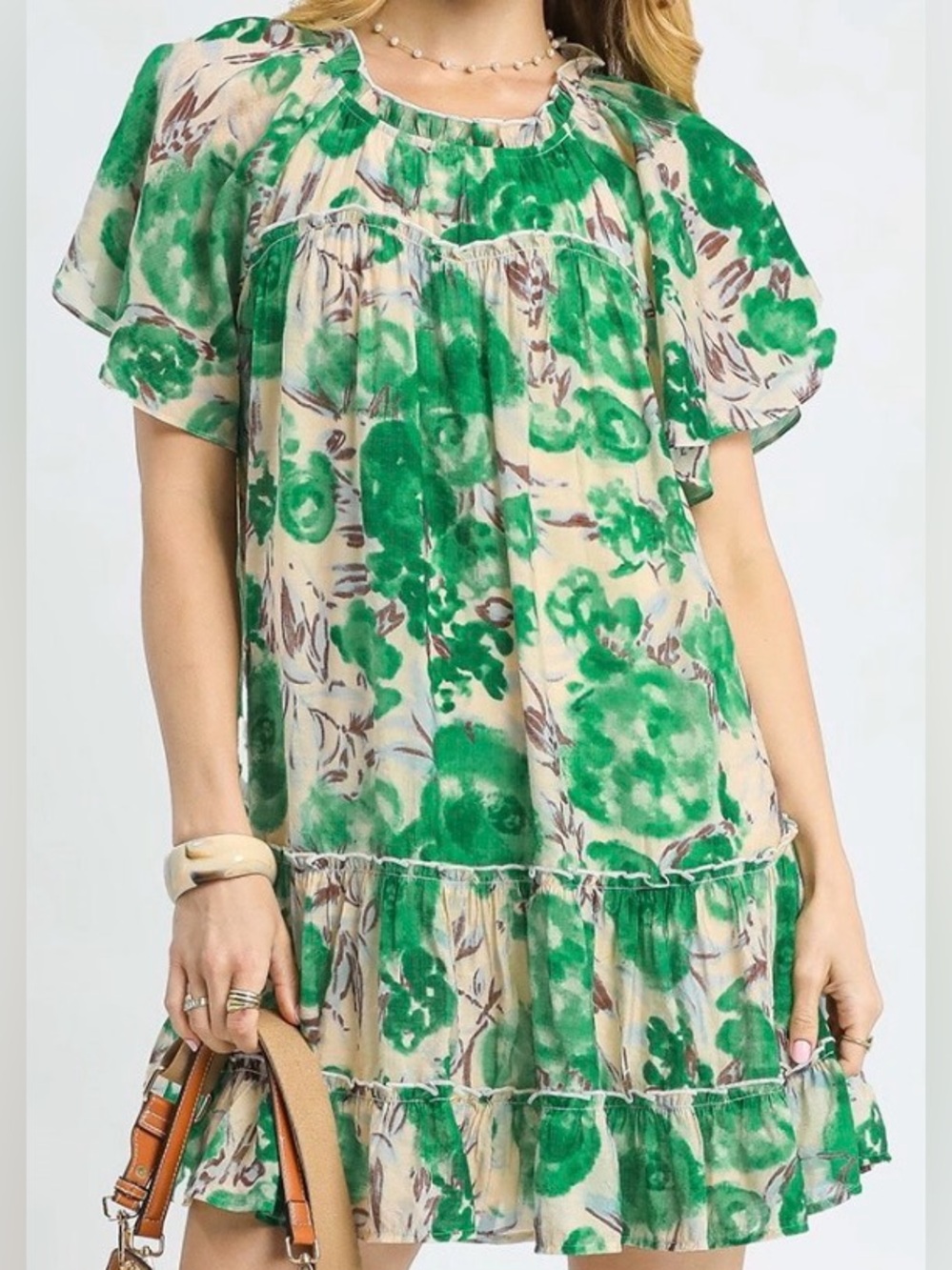 Umgee Green Floral Ruffle Tiered Dress
